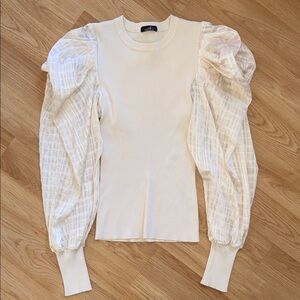 Victorias Boutique Cream Plaid Puff Long Sleeve Top Ribbed Size Medium